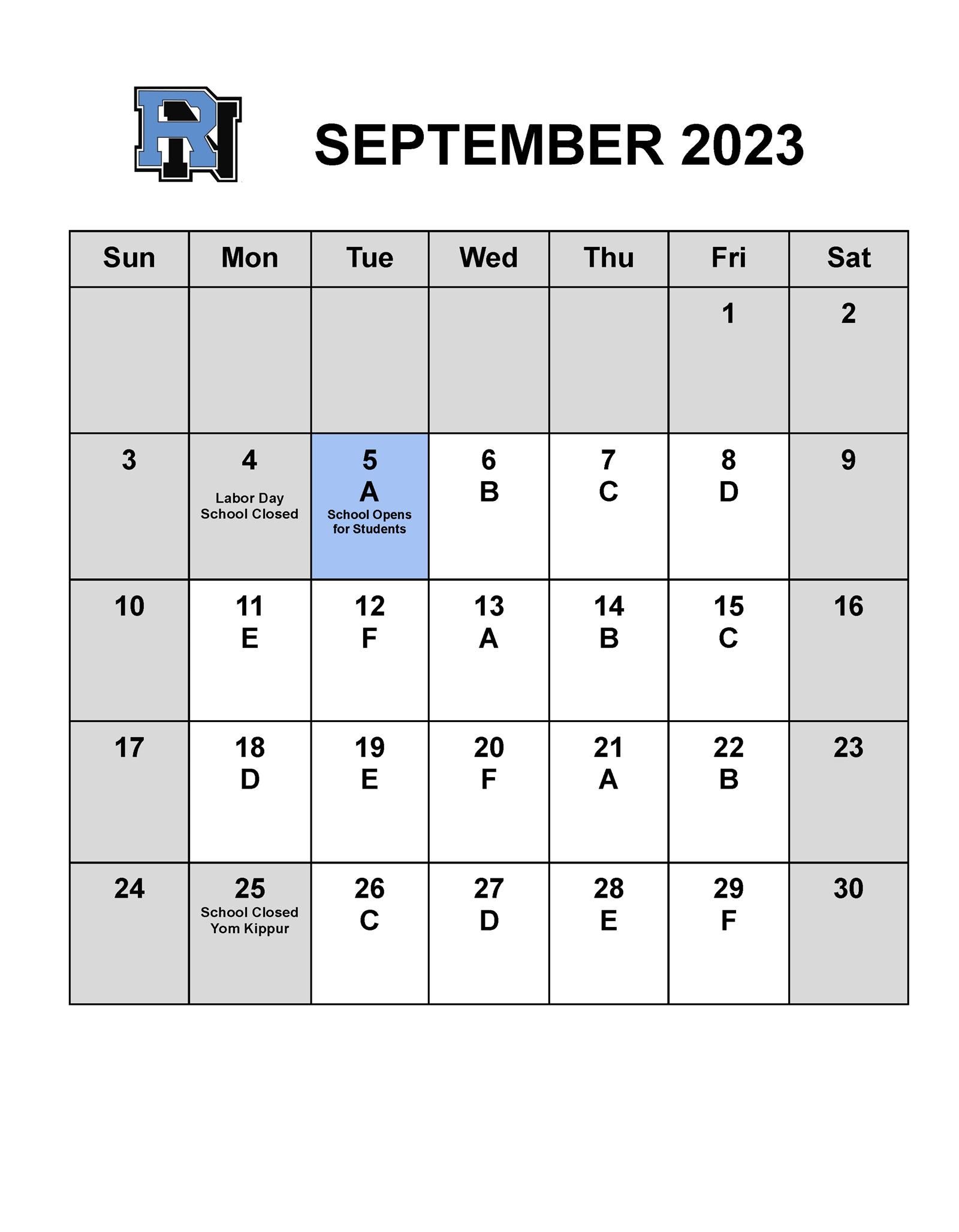 September Letter Day Calendar